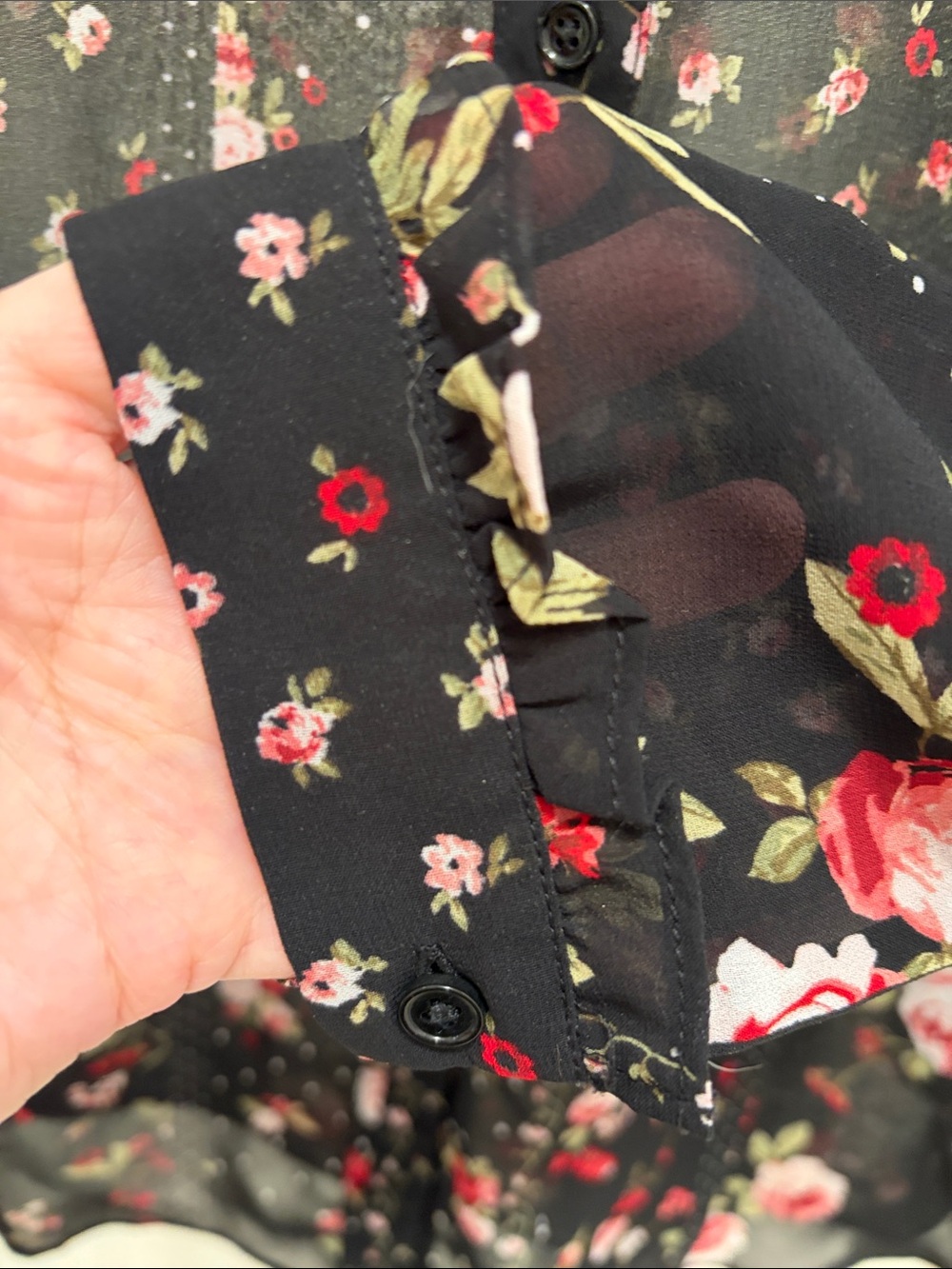 Reitmans Black Sheer Floral Button-Up Blouse with Pink Roses - Picture 4 of 6